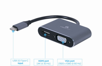 Stacion USB C Cablexpert A USB3C HDMIVGA 01, HDMI VGA, 4K 60Hz, gri