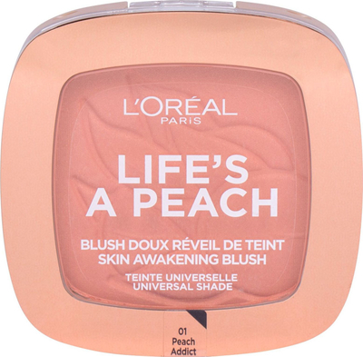 Blush kompakt L'Oreal Paris Life's A Peach 01 Peach Addict, pluhur faqeje, me erë pjeshke, pjeshkë me bezhë