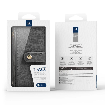 Кожен портфел-калеф Dux Ducis Lawa за iPhone 15 Pro, со патент, сив