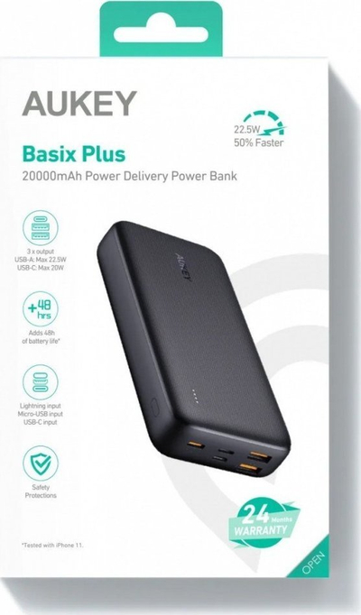 Power bank Aukey Basix Plus PB-N74S, 20000mAh, 22.5W QC PD, ngjyrë e zezë