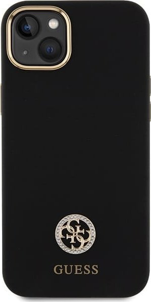 Футрола за телефон Guess Silicone Logo Strass 4G за iPhone 15 Plus 14 Plus, силикон, црна