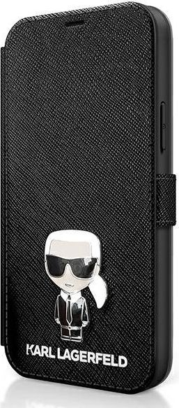 Mbrojtëse libri Karl Lagerfeld Saffiano Ikonik Metal për iPhone 12 Mini, 5.4", me xhepa për karta, e zezë
