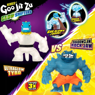 Figurina lodër Heroes of Goo Jit Zu Glow Shifters Tyro VS Rock Jaw, set me 2 copë, që ndriçojnë në errësirë, shumëngjyrëshe