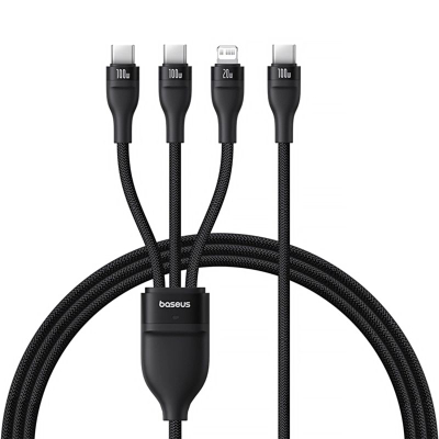 Kabllo karikimi Baseus Flash3 3 në 1, USB‑C në C C Lightning, 100W 1.5m, e zezë
