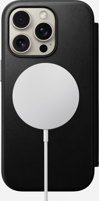 Këllëf folio lëkure Nomad Modern për iPhone 16 Pro, me portofol, i zi