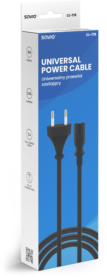 Kabllo rryme Savio CL-178, 5m, IEC C7, e zezë