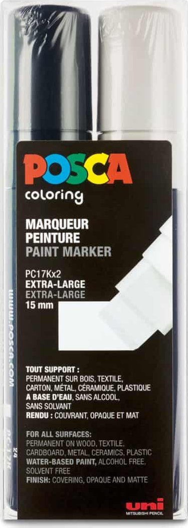 Set markerë UNI Posca PC-17K, 2 copë, maja e pjerrët, i zi dhe i bardhë