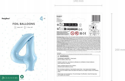Ballon folie PartyDeco numri 4, 72cm, mbushje me ajër ose helium, blu e çelët