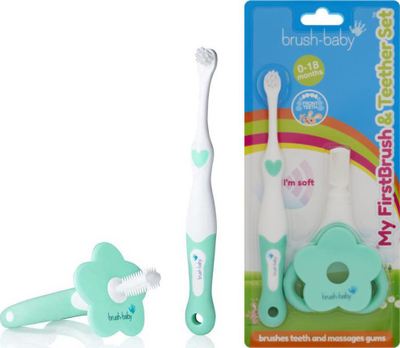 Set furçë edhe kafshues dhëmbësh BrushBaby Teether Brush, 0-18 mujsh, jeshile me të bardhë