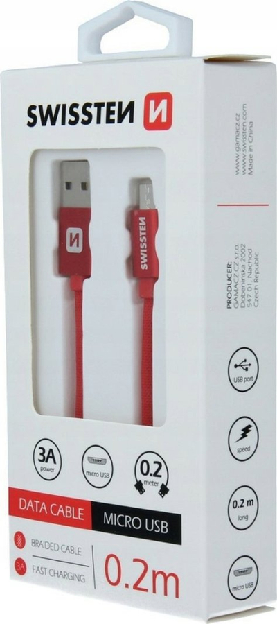Kabllo për të dhëna Swissten USB A në micro USB, 0.2 m, 3A, tekstil, e kuqe