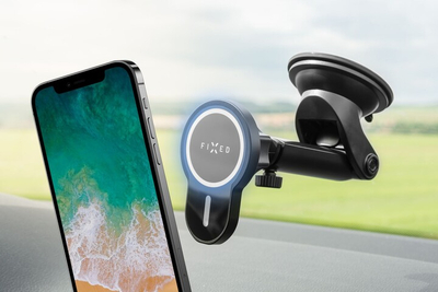 Mbajtës me karikim wireless FIXED MagClick XL, mbështetje MagSafe, 15W, i zi