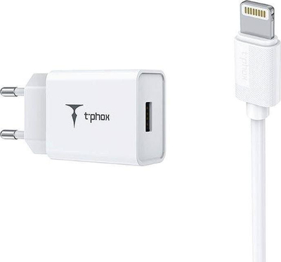 Ѕиден полнач T-phox Mini, Lightning 1.2m, 2.4A, бел