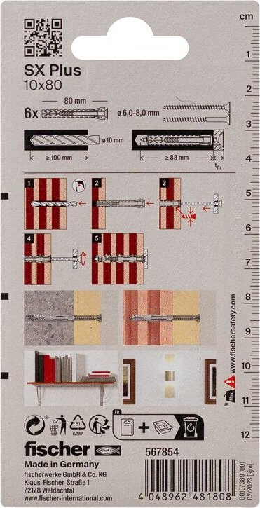 Dybël plastik Fischer SX Plus 10x80 mm, set 6 copë, gri