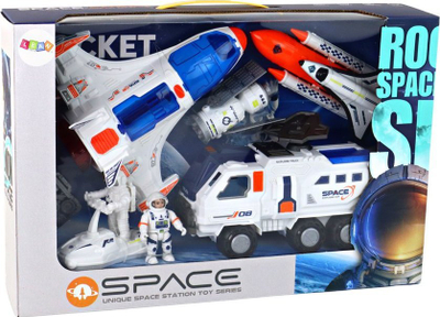 Set lodrash Leantoys Space Mission, raketë dhe makinë eksplorimi, me astronautë, bardhë blu