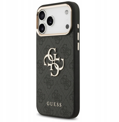 Mbulesë telefoni Guess Back Cover për iPhone 17 Pro Max, lëkurë PU, kornizë ari, e zezë