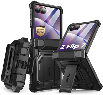 Kuti mbrojtëse i-Blason Armorbox për Samsung Galaxy Z Flip7, me këmbëz, me xham për ekran, e zezë