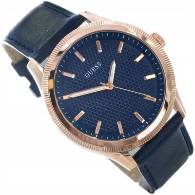 Orë dore Guess Dex GW0846G2, për meshkuj, rrip lëkure, blu e errët