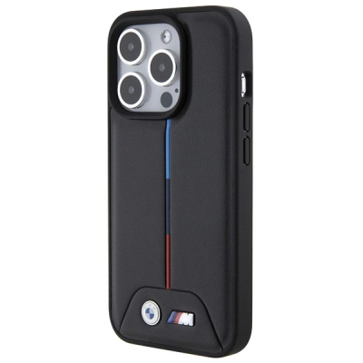 Këllëf telefoni BMW Quilted Tricolor për iPhone 15 Pro 6.1", hardcase, lëkurë eco, i zi