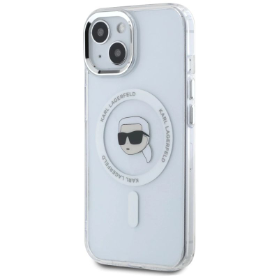Заштитен капак Karl Lagerfeld IML Head Metal Frame MagSafe за iPhone 15, проѕирен