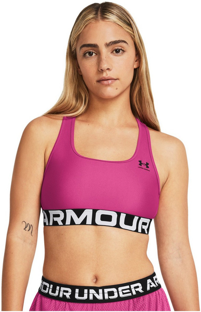Спортски градник за жени Under Armour HeatGear Mid Impact, компресија, розова со црно