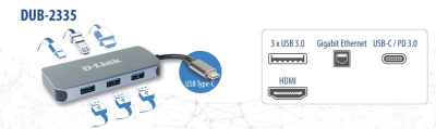 HUB USB D-Link DUB-2335, USB-C 6 në 1, HDMI 4K, gri metalik