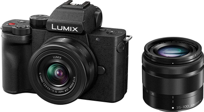 Aparat fotografik mirrorless Panasonic Lumix G100, 20.3MP, 4K, me dy objektiva 12-32mm dhe 35-100mm, i zi