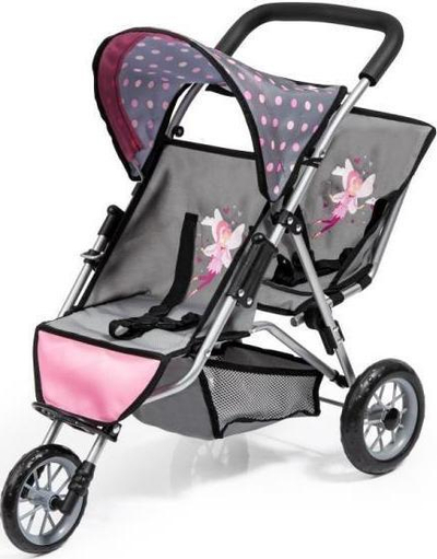 Karrocë lodrash për kukulla Bayer Jogger Twin Buggy, për 2 kukulla 46 cm, 3 rrota, gri me rozë