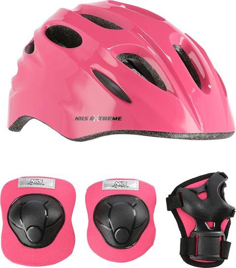 Set mbrojtës për fëmijë NILS Extreme MTW01 H210, helmetë dhe jastëkëve, madhësia S, rozë