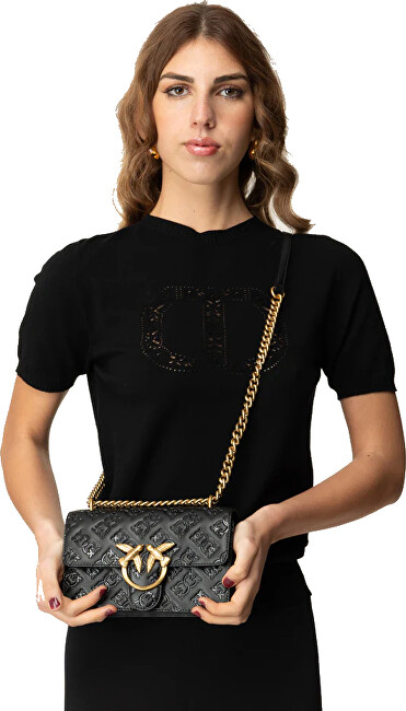 Çanta Pinko Love One Mini, lëkurë viçi, logo e gdhendur, e zezë
