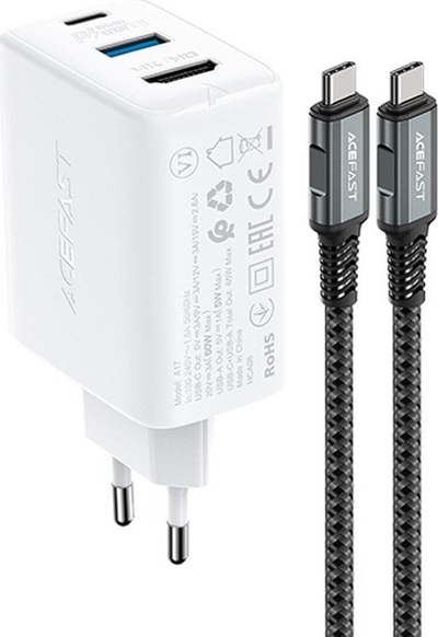 Karikues Acefast GaN 65W, 1x USB C, 1x USB A, gri