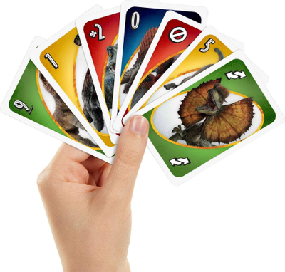 Lojë letra Mattel UNO Jurassic World Dominion, 2 4 lojtarë, mbi 7 vjeç, shumëngjyrëshe