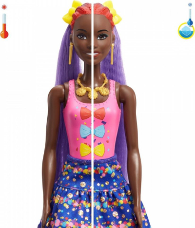 Kukull Barbie Color Reveal Glitter Hair Swaps, 25 surpriza, 10 copa flokësh, blu me shkëlqim