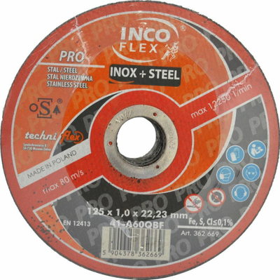 Disk prerës metali Incoflex 41-A60QBF, 125x1.0 mm, për hekur dhe inox, paketim 50+5