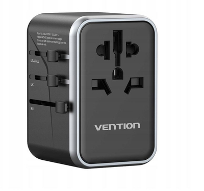 Adapter universal udhëtimi Vention GaN, 4 porta USB C dhe A, 65W, i zi