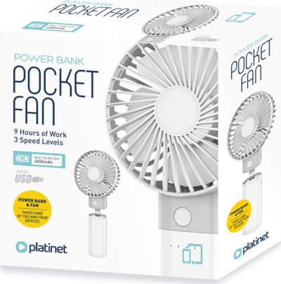 Ventilator dore Platinet Pocket Fan, power bank 4000mAh, i bardhë