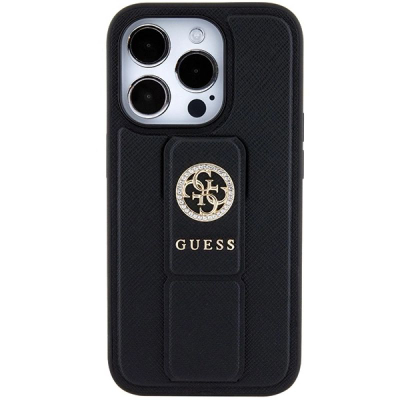 Mbrojtëse telefoni Guess Grip Stand 4G Saffiano Strass për iPhone 15 Pro Max, me mbajtëse, e zezë