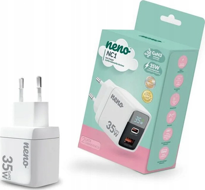 Полнач за струја Neno NC1, GaN3, 2 USB порти, бел