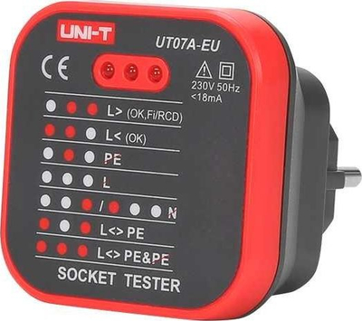 Тестер за приклучок Uni-T UT07A-EU, 230V, ЛЕД покажувач, црвен