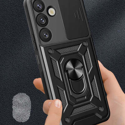 Kapak telefoni Hybrid Armor Camshield për Samsung Galaxy S25, me mbrojtje kamere, me stand, i zi