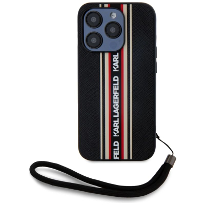 Mbulesë telefoni Karl Lagerfeld Saffiano Athleisure Stripes Cord për iPhone 15 Pro Max, prej TPU-je dhe polikarbonati, me rrip dore, e zezë