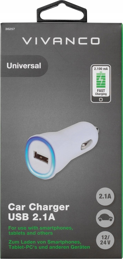 Karikues makine Vivanco 36257, USB 2.1A, 12/24V, i bardhë