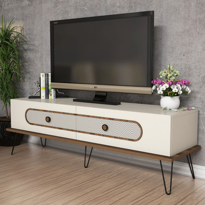 Komodë TV Kalune Design Ekol, dyer me hapje poshtë, këmbë metalike, bezhë