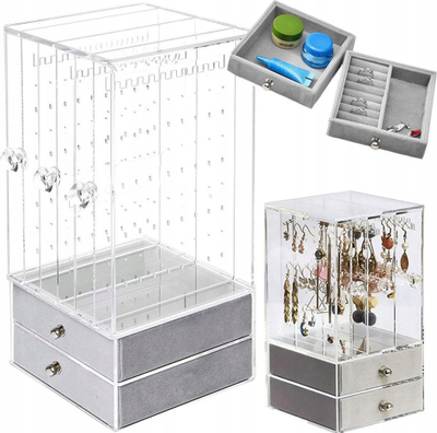 Organizues bizhuterish pa markë, 3 panele transparente, 2 sirtarë kadife, gri