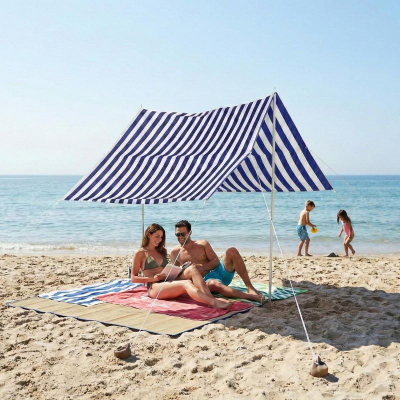 Çadër plazhi ProGarden Sun Shelter, 297x170 cm, me shtylla, blu me vija