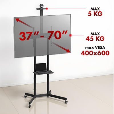 Karrocë me rrota për TV Maclean MC-113 B, 37-70", 45 kg, me rafte, e zezë