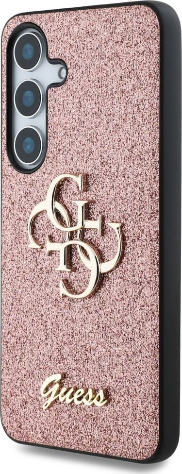 Mbulesë telefoni Guess Fixed Glitter Big 4G Metal Logo për Samsung Galaxy S25, rozë