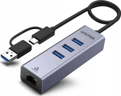 Hub USB C Unitek 4 në 1, 3 porta USB A 5 Gbps, Ethernet, gri