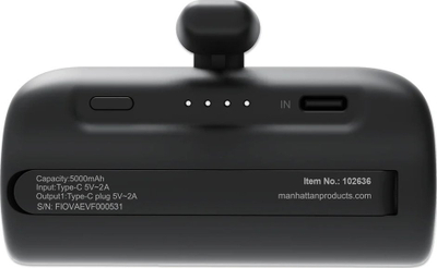 Power bank Manhattan, 5000 mAh, USB C me plug të futmë, me kickstand, i zi