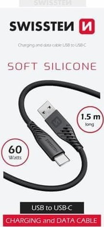 Kabllo USB Swissten Soft Silicone, USB C në USB C, 1.5m, 60W, e zezë