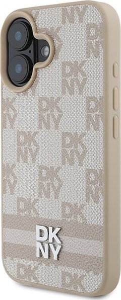 Навлака за телефон DKNY PU Leather, за iPhone 16, кариран модел со линии, розова
